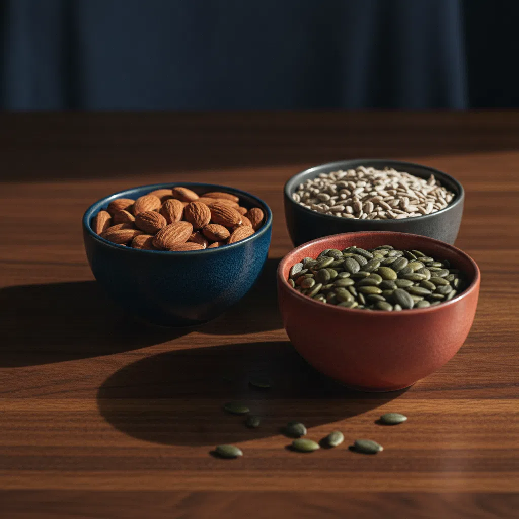 Amandelen, pompoenpitten en zonnebloempitten in kleine keramische schaaltjes op een houten tafel