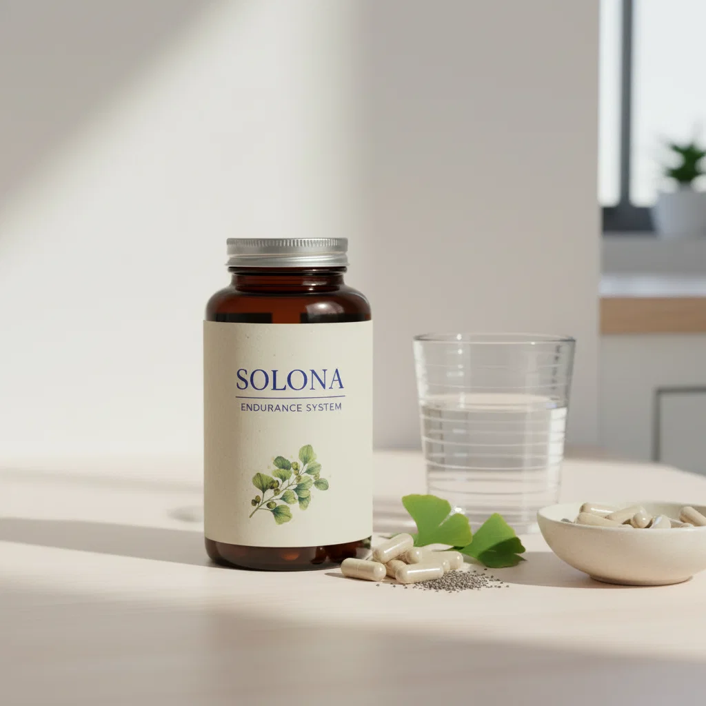 Solona Endurance System fles naast een glas water op een lichte keukentafel, ochtendstemming